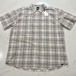 Prana New XXL Groveland Short Sleeve Button Up Slim FIt Organic White Blue Plaid
